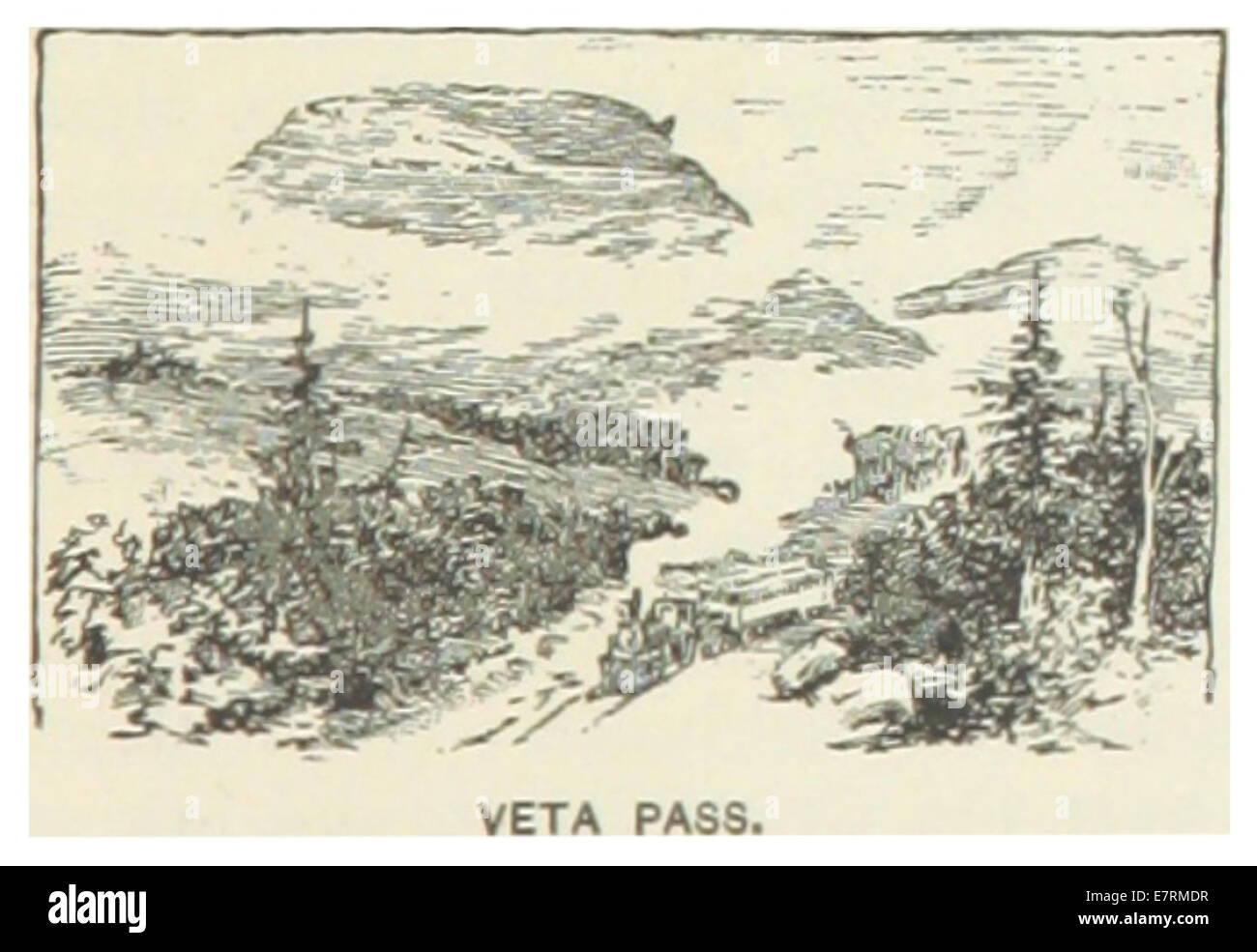 Diese Karte aus dem Jahr 1891 zeigt den Veta Pass in Colorado, einen Bergpass, der für seine malerische Aussicht und seine Rolle beim Transport durch die Rocky Mountains bekannt ist. Stockfoto