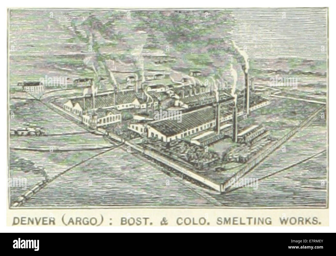 Diese Abbildung aus dem Jahr 1891 zeigt die Denver, Boston & Colorado Smelting Works, eine wichtige Anlage in der industriellen Entwicklung des Bergbausektors in Colorado während des späten 19. Jahrhunderts. Stockfoto