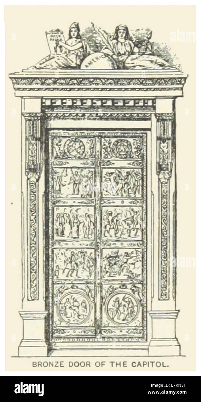 Diese Illustration aus dem Jahr 1891 zeigt eine Bronzetür des US-Kapitols in Washington, D.C. das Bild hebt die architektonischen Details dieses ikonischen Gebäudes und seine künstlerische Handwerkskunst hervor. Stockfoto