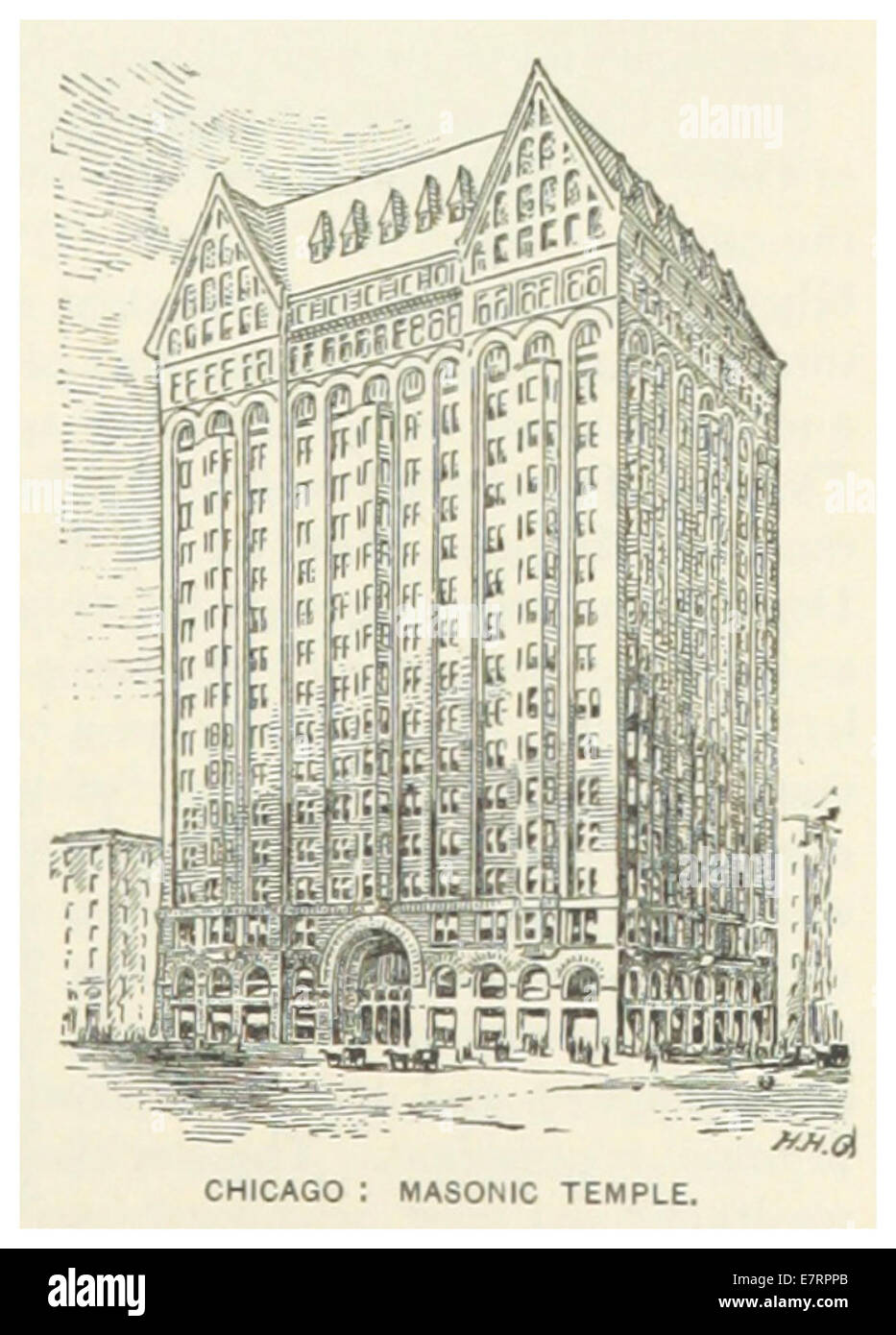 Eine Illustration aus Chicago aus dem Jahr 1891, die den Freimaurertempel zeigt, ein bemerkenswertes architektonisches Wahrzeichen aus dem späten 19. Jahrhundert, das die Bedeutung der Freimaurerei in der Stadt symbolisiert. Stockfoto