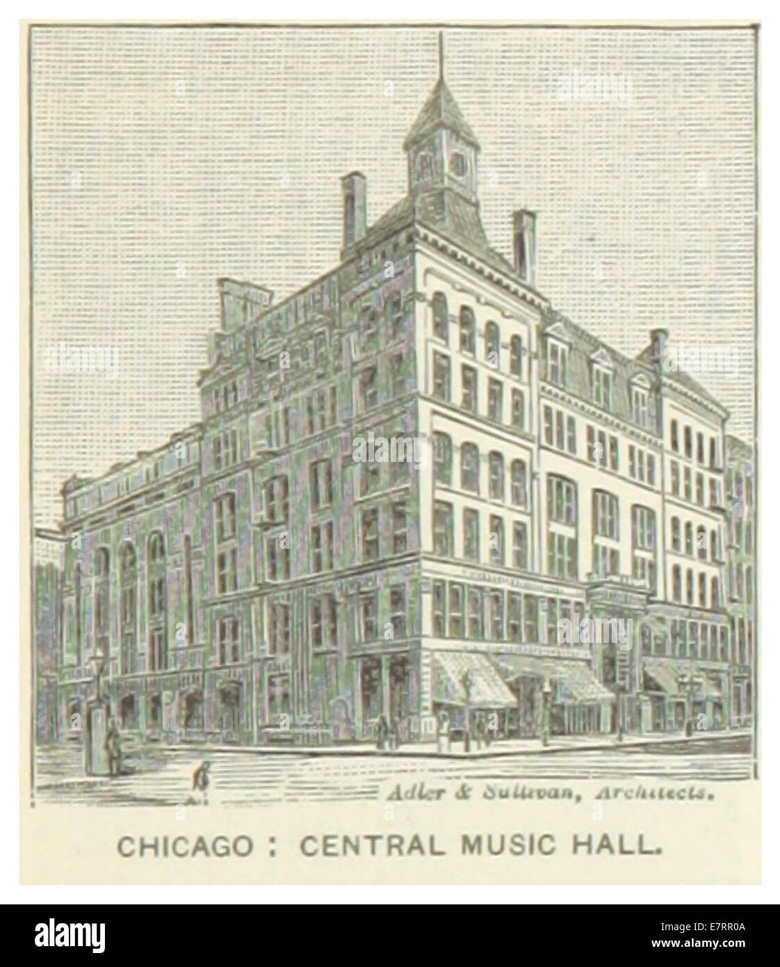 Diese 1891 abgebildete Abbildung zeigt die Central Music Hall in Chicago und unterstreicht ihre Rolle als wichtiger Veranstaltungsort für kulturelle Veranstaltungen und Aufführungen in der Stadt während des späten 19. Jahrhunderts. Stockfoto