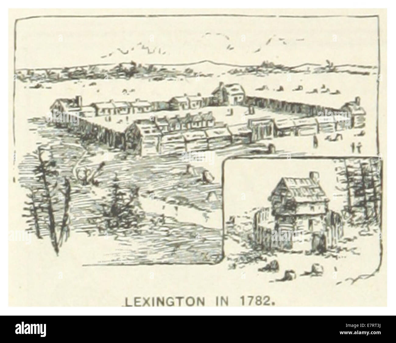 Diese Illustration von 1891 zeigt Lexington, Kentucky, wie es 1782 erschien, und hebt die frühe Besiedlung während der amerikanischen Revolutionsperiode hervor. Stockfoto