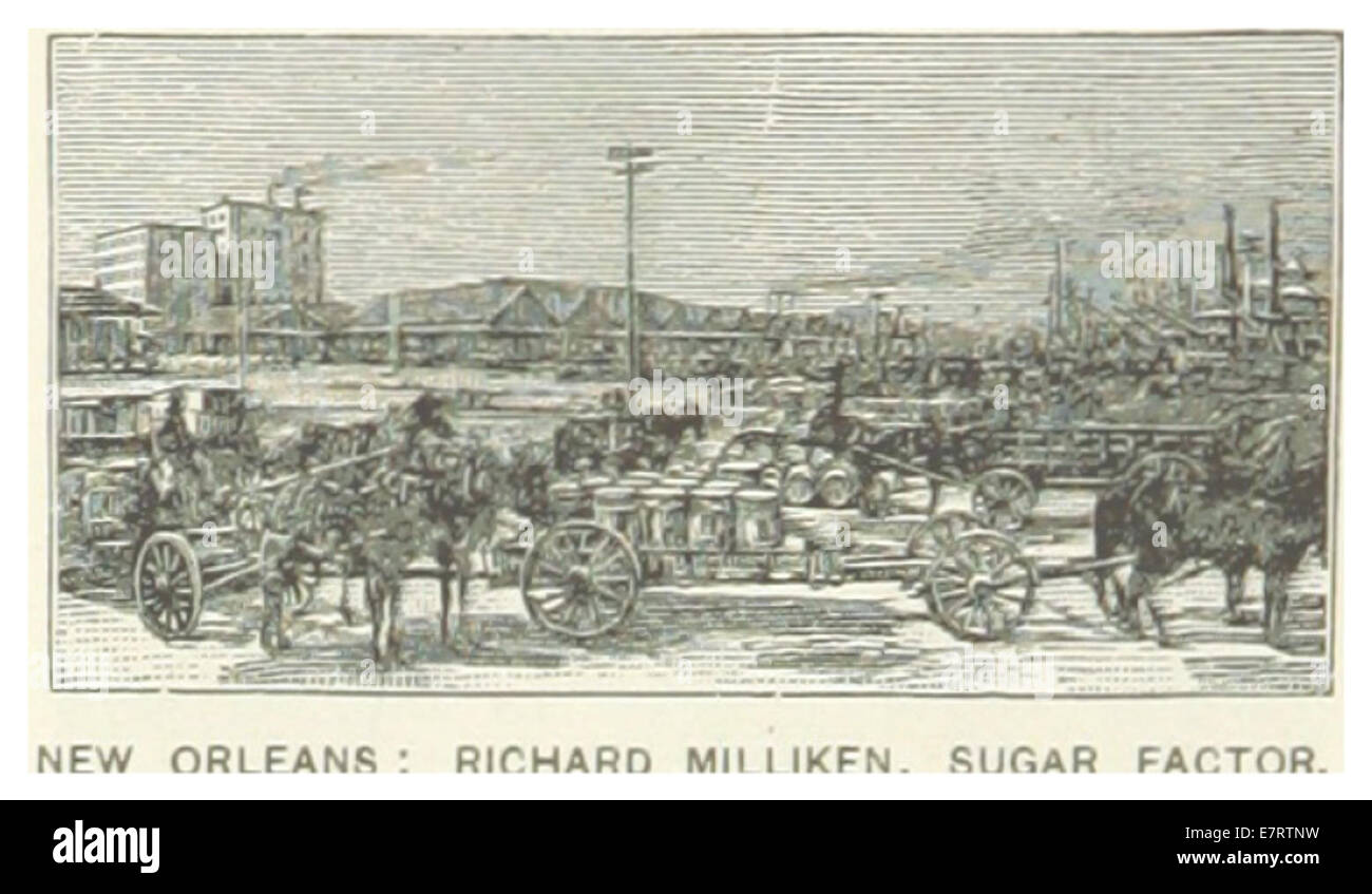 Diese Abbildung aus dem Jahr 1891 zeigt den Zuckerfaktor von Richard Milliken in New Orleans und zeigt die Rolle der Region in der Zuckerindustrie und ihre kommerzielle Infrastruktur. Stockfoto