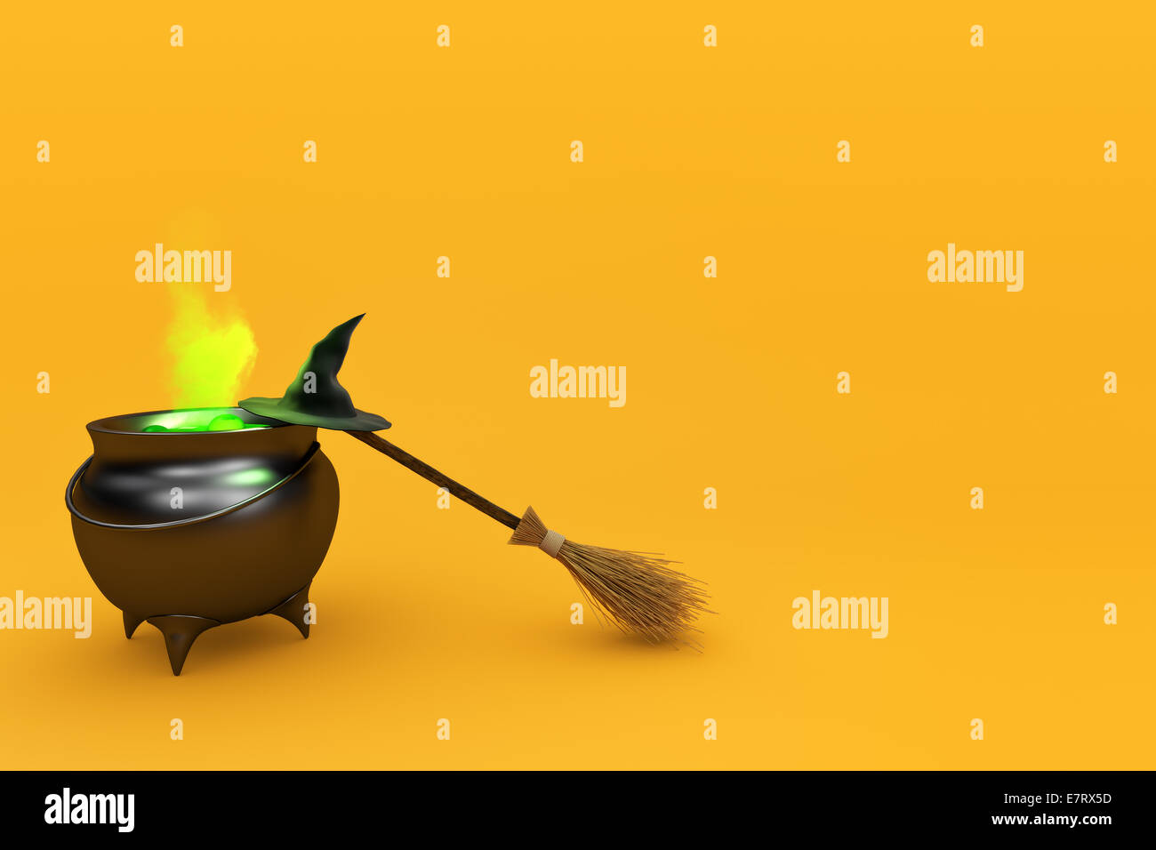 Kochenden Hexenkessel mit Hut und Besen auf orangem Hintergrund isoliert. Stockfoto