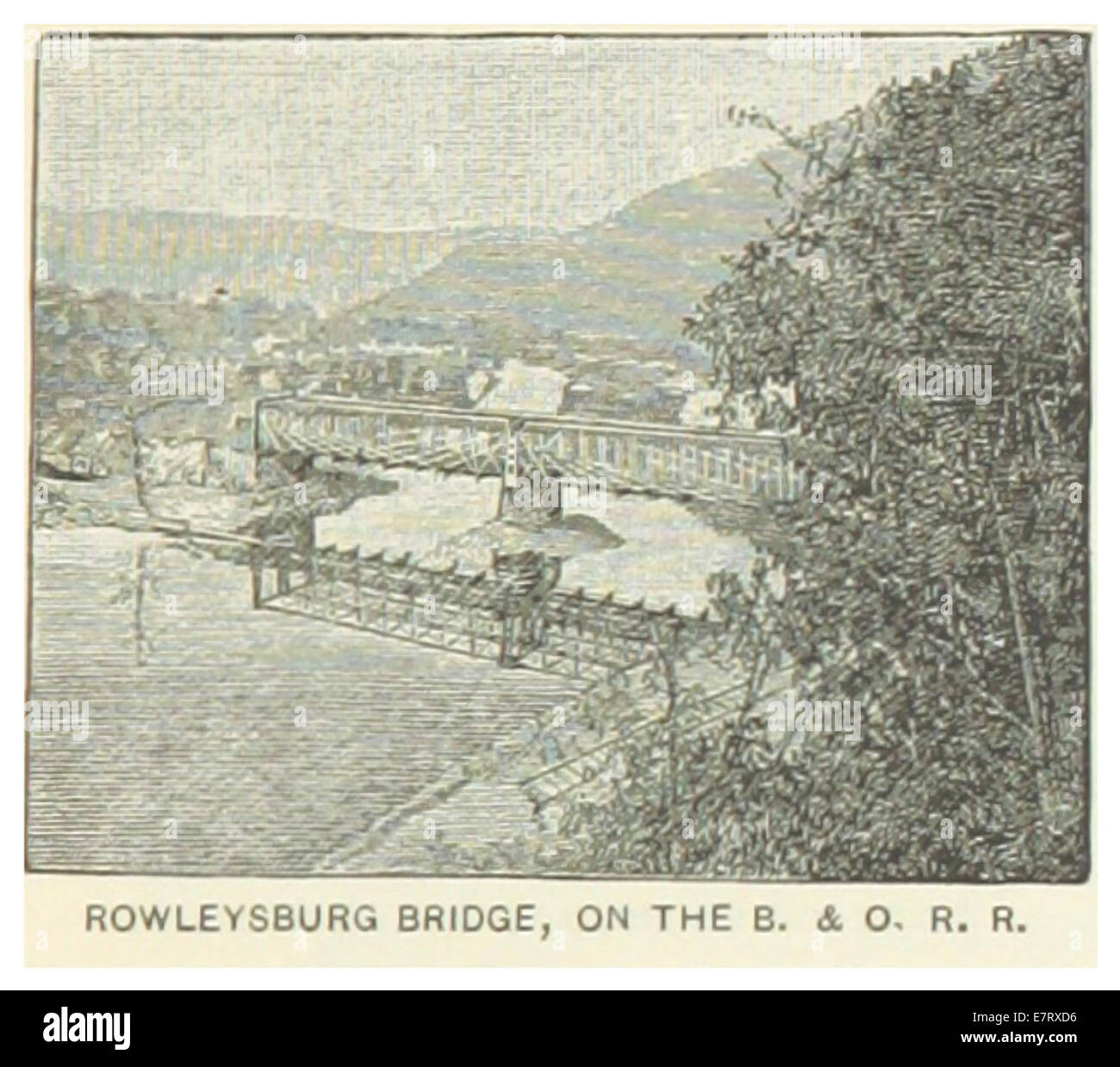 Diese 1891 abgebildete Abbildung der Rowleysburg Bridge in Maryland zeigt den Entwurf der Brücke und ihre Bedeutung für den Nahverkehr im späten 19. Jahrhundert. Stockfoto