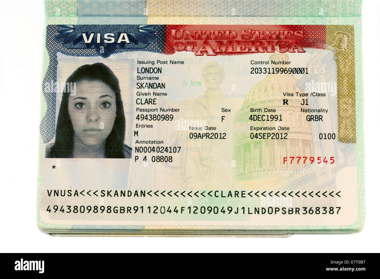 USA-Work Visa in einem Pass (alle Namen und numerischen Daten in Photoshop für Vertraulichkeit verändert) Stockfoto
