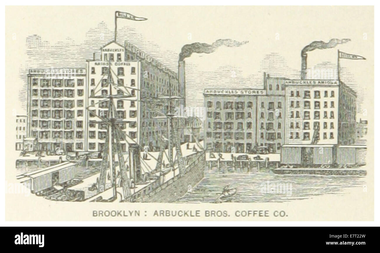 Diese Abbildung aus dem Jahr 1891 zeigt die Arbuckle Brothers Coffee Company mit Sitz in Brooklyn, einen großen Kaffeehändler in den USA. Das Bild spiegelt den Einfluss des Unternehmens auf den Kaffeehandel im späten 19. Jahrhundert wider. Stockfoto
