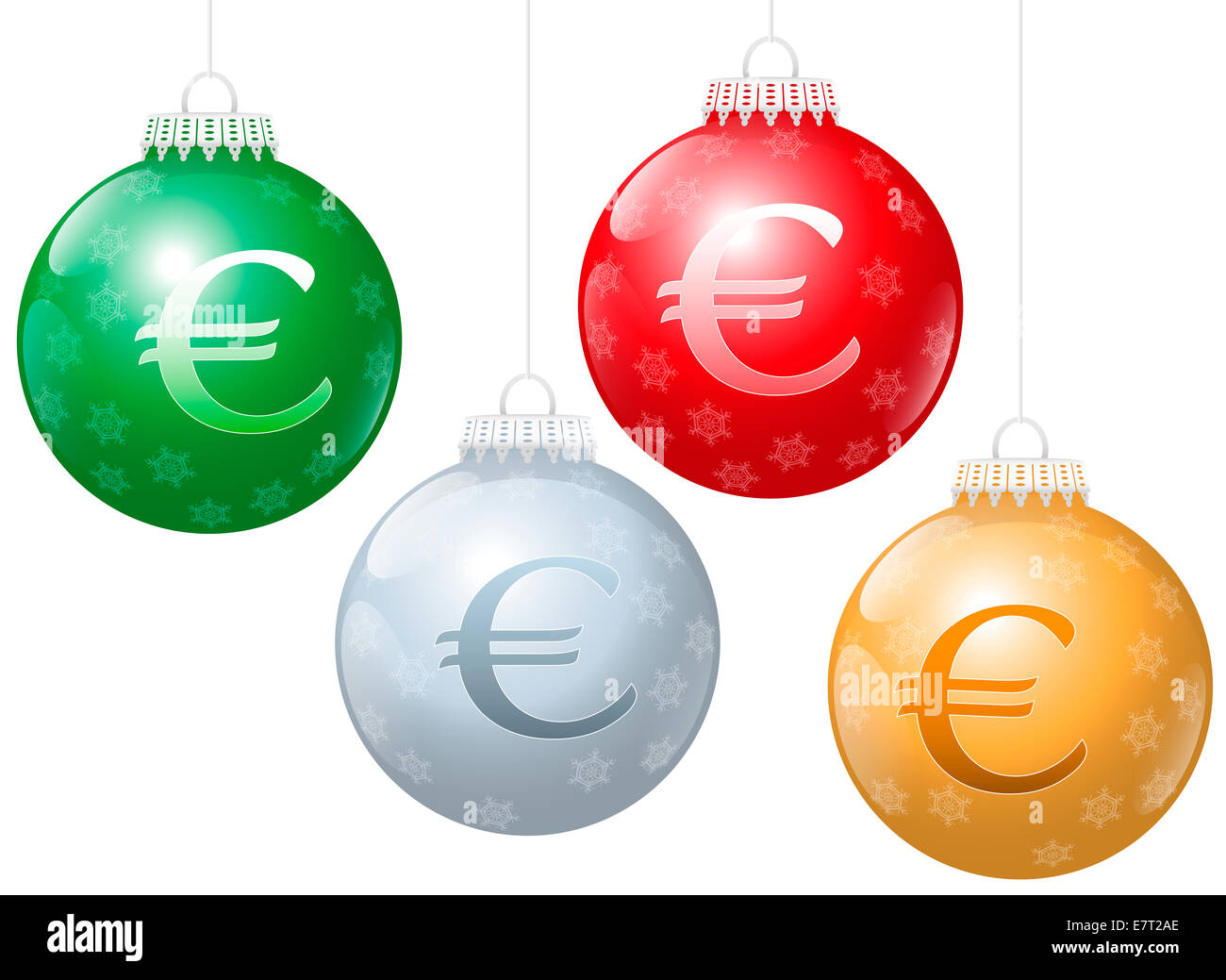 Weihnachtskugeln mit Euro-Symbol drauf, als Metapher für Xmas Geschäft. Stockfoto