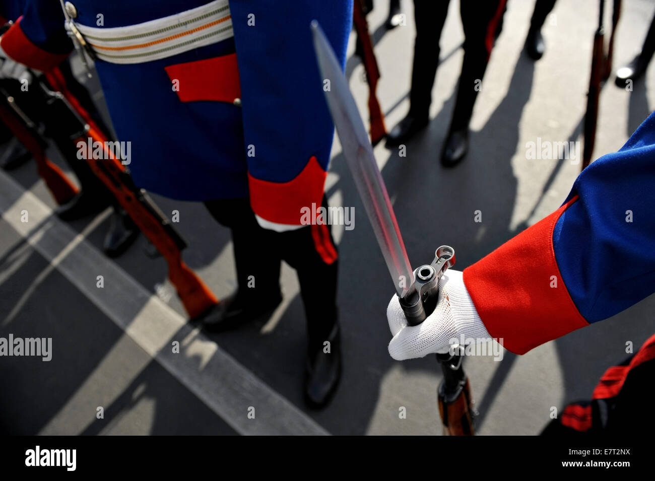Detail mit der Hand eines Soldaten auf einem Bajonett Gewehr während einer Militärparade Stockfoto