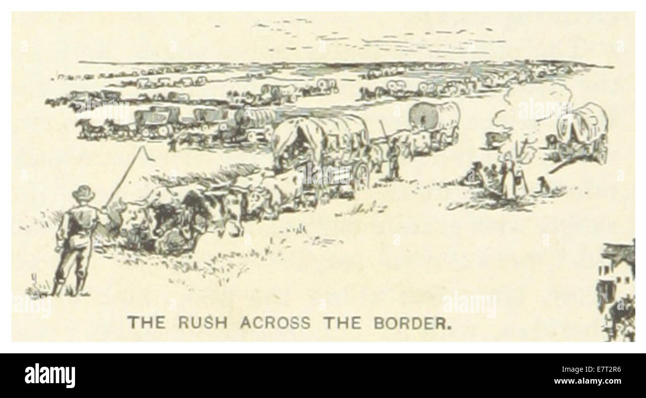 Seite 698 von *US-OK (1891)* veranschaulicht den Rausch über die Grenze zu Oklahoma und zeigt Siedler, die während des Oklahoma Land Rush um Land beeilen. Dieses historische Ereignis war ein bedeutender Moment in der US-Geschichte und der Expansion nach Westen. Stockfoto