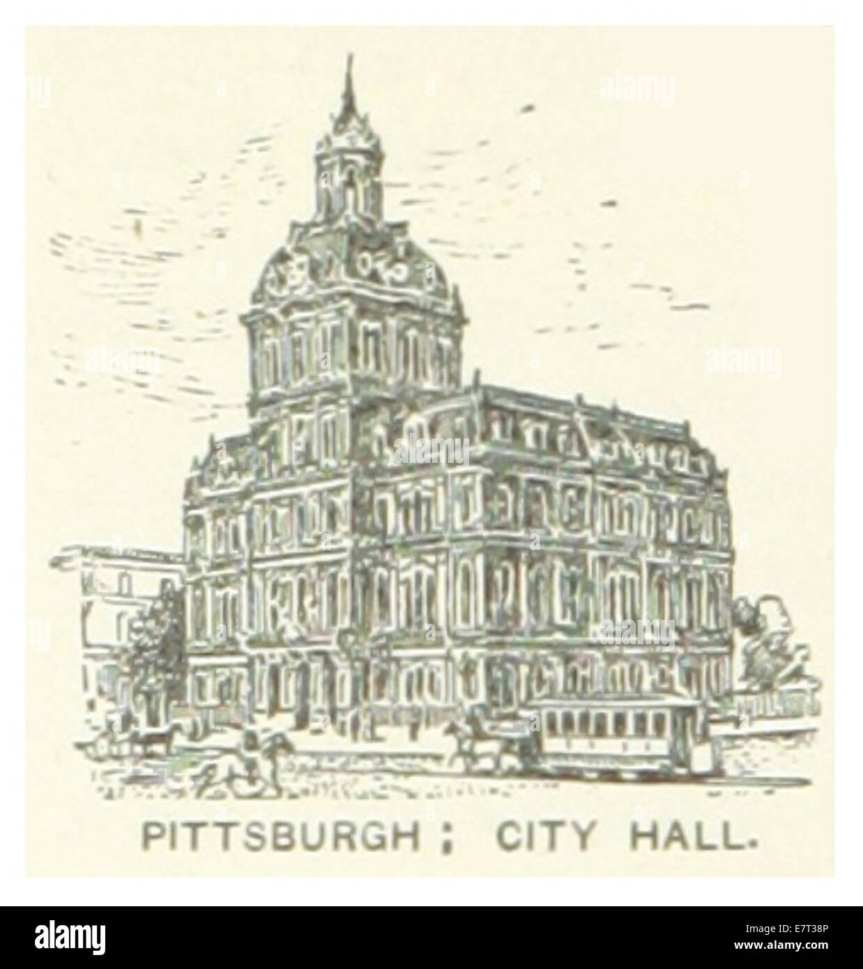 Diese Skizzenkarte aus dem Jahr 1891 zeigt das Rathaus von Pittsburgh, ein ikonisches Gebäude im Stil der französischen Renaissance. Es dient als zentrales Wahrzeichen der Stadt und beherbergt wichtige Regierungsfunktionen. Stockfoto
