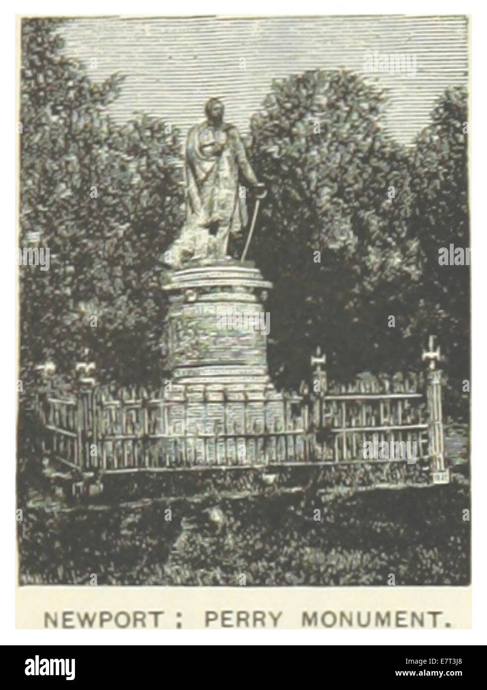 Diese 1891 abgebildete Abbildung zeigt das Perry Monument in Newport, Rhode Island, zum Gedenken an die Schlacht am Eriesee während des Krieges von 1812. Die Zeichnung hebt die Architektur und die historische Bedeutung des Monuments in der amerikanischen Militärgeschichte hervor. Stockfoto