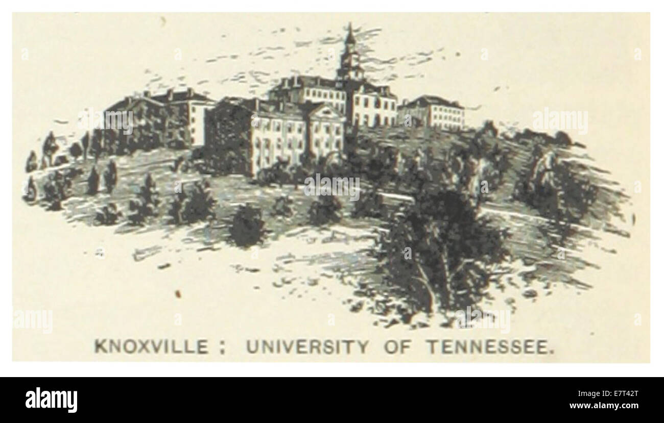 Diese 1891 abgebildete Abbildung zeigt die University of Tennessee in Knoxville und bietet einen Blick auf den Campus und die akademischen Gebäude des späten 19. Jahrhunderts. Stockfoto