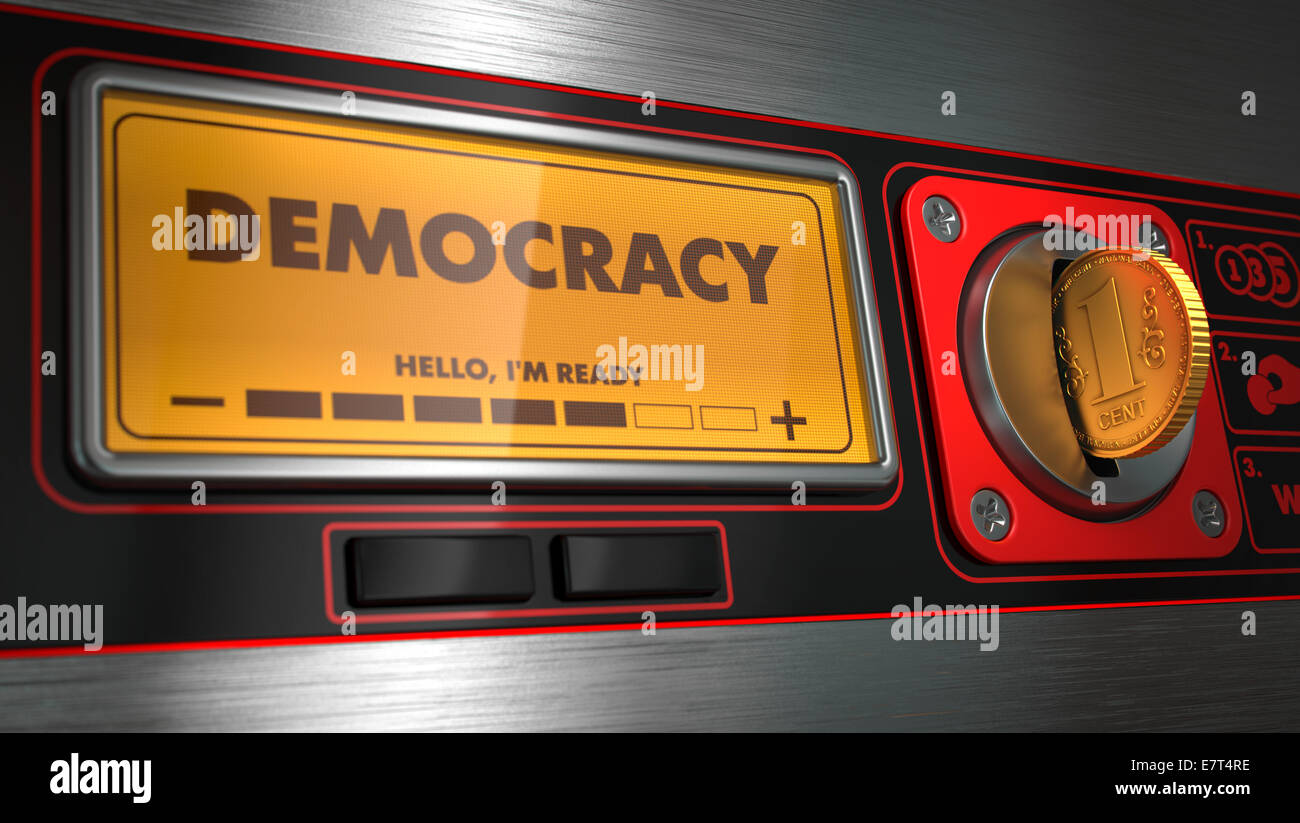 Demokratie auf dem Display des roten Automaten. Stockfoto