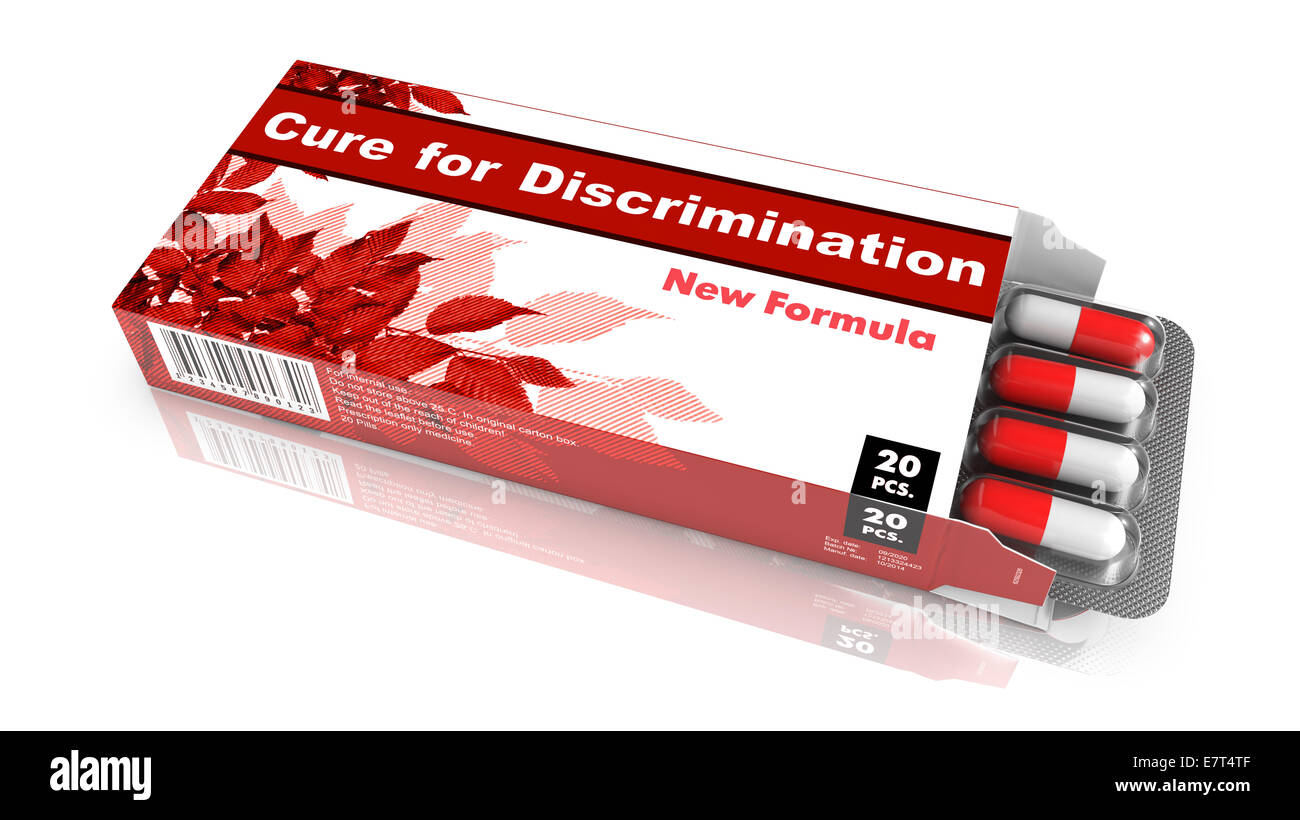 Heilmittel gegen Diskriminierung - rote offene Blisterpackung Tabletten, Isolated on White. Stockfoto