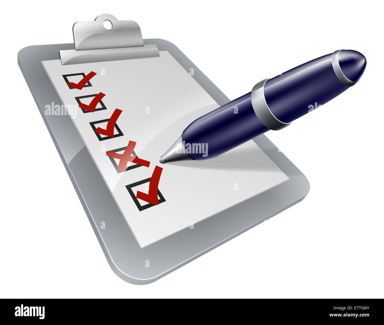 Ein Clip-Board, Umfrage, Form, Prüfung oder Fragebogen und Stift-Symbol Stockfoto