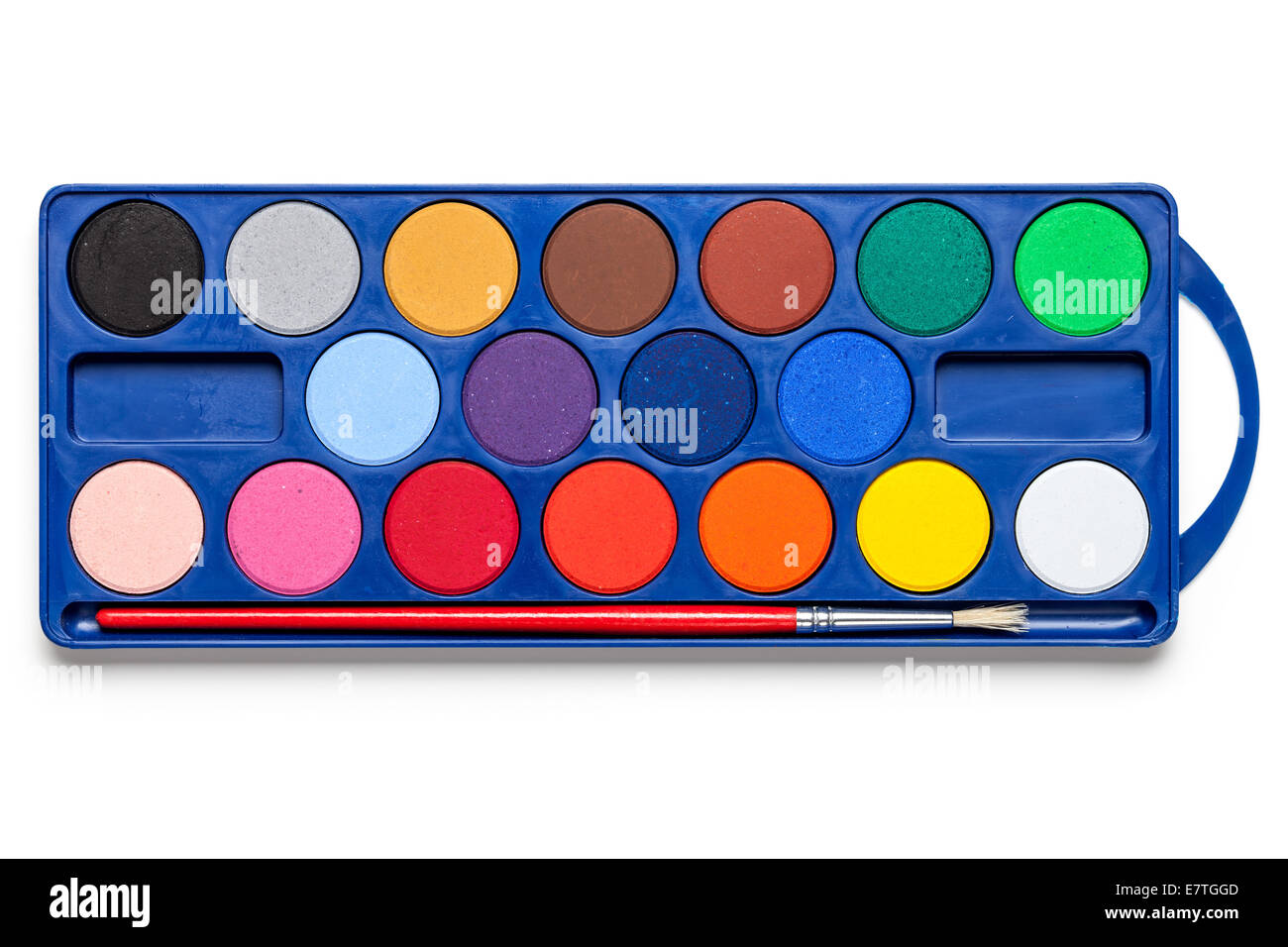 Aquarellfarben-Box mit Pinsel auf weißem Hintergrund. Ansicht von oben Stockfoto