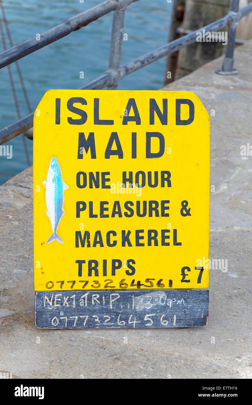 Ein Kai gelbe Zeichen Werbung Freude und Makrelen Angelreisen Newquay Cornwall England uk Stockfoto