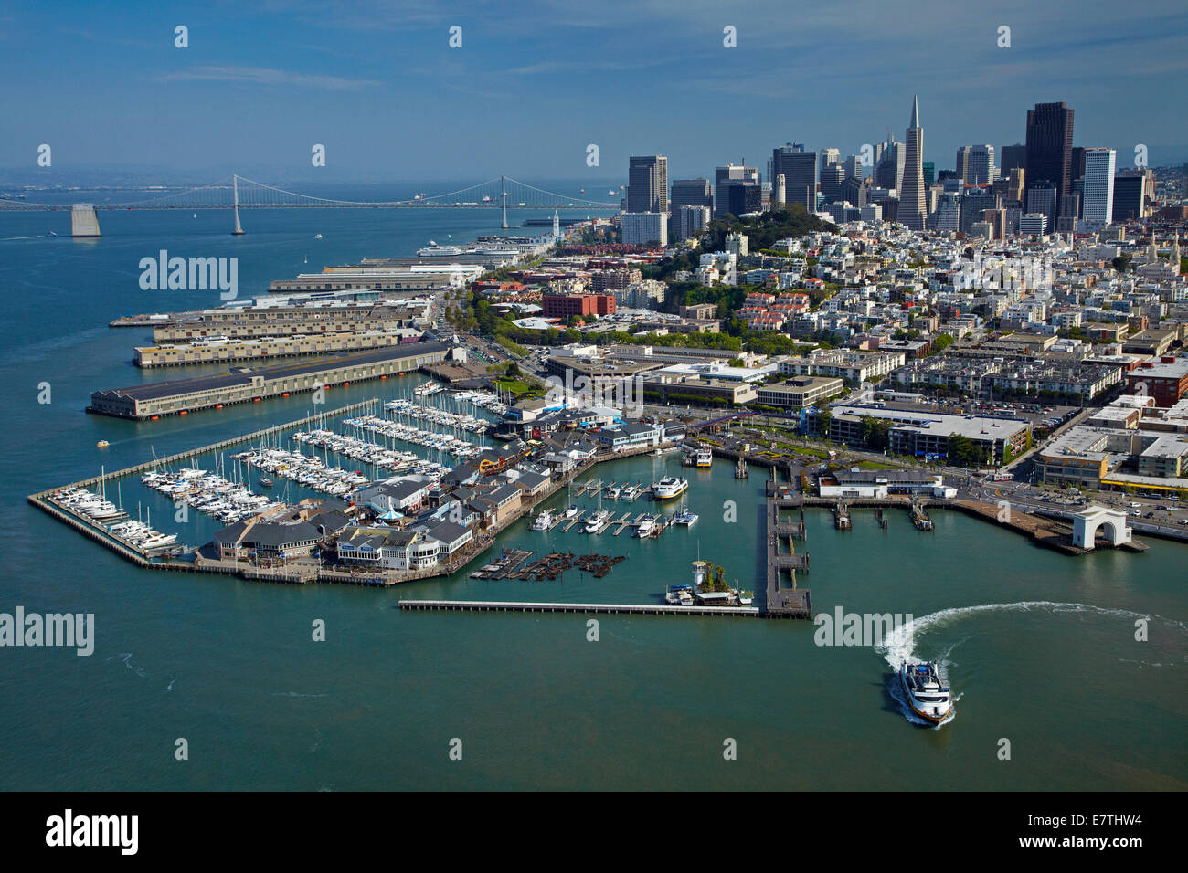 Fähre, Fährhafen von Pier 41, Pier 39 und Marinas und Innenstadt von San Francisco, Kalifornien, USA - Antenne Stockfoto