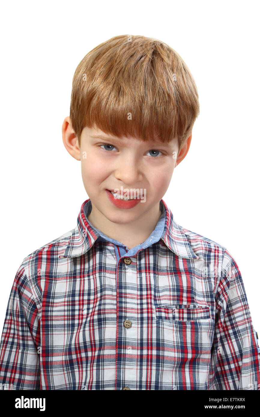 Junge mit List Ausdruck isoliert auf weißem Hintergrund Stockfoto