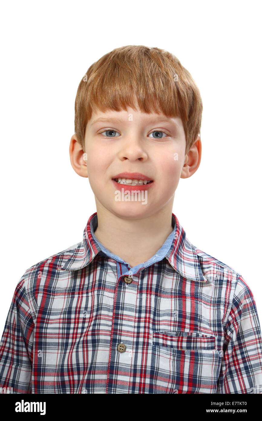 Junge mit glücklichen Gesichtsausdruck isoliert auf weißem Hintergrund Stockfoto