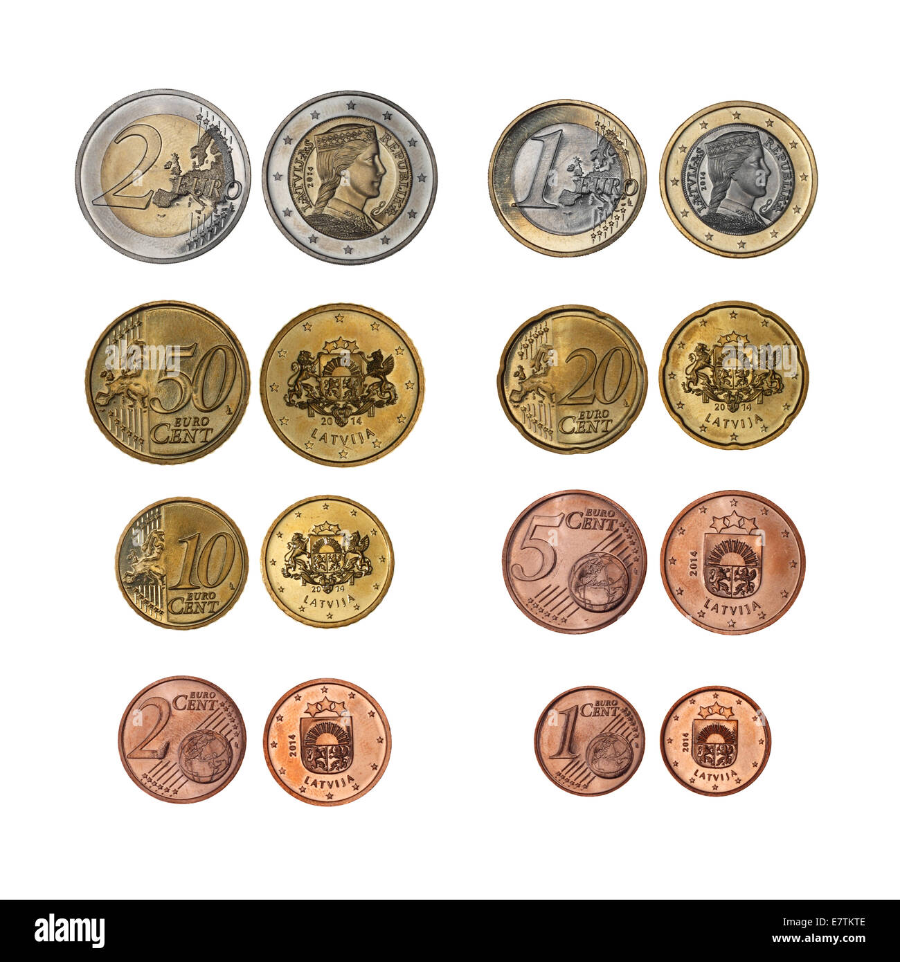Lettische neue Euro-Münzen aller Konfessionen Vorder- und Rückseite isoliert auf weißem Hintergrund Stockfoto