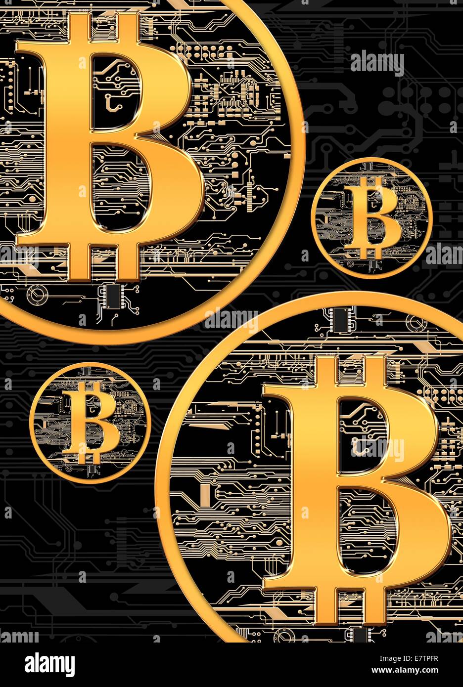 Bitcoin-Logo auf Leiterplatten-Design, Computer-Grafik. Stockfoto