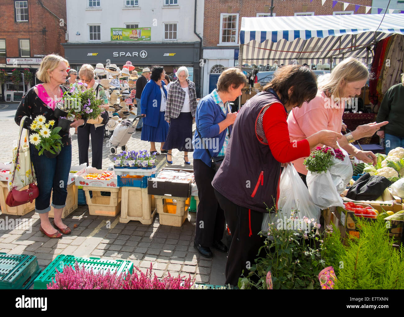 Menschen kaufen Blumen und Gemüse an einem Marktstand in Ludlow Shropshire, England Stockfoto