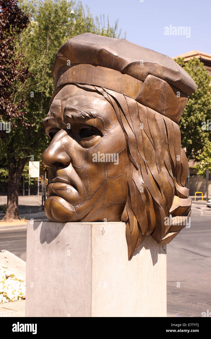 Granada Spanien große Skulptur des Kopfes von Christopher Columbus - April 1492 Columbus gewonnen königliche Einwilligung in Granada Stockfoto