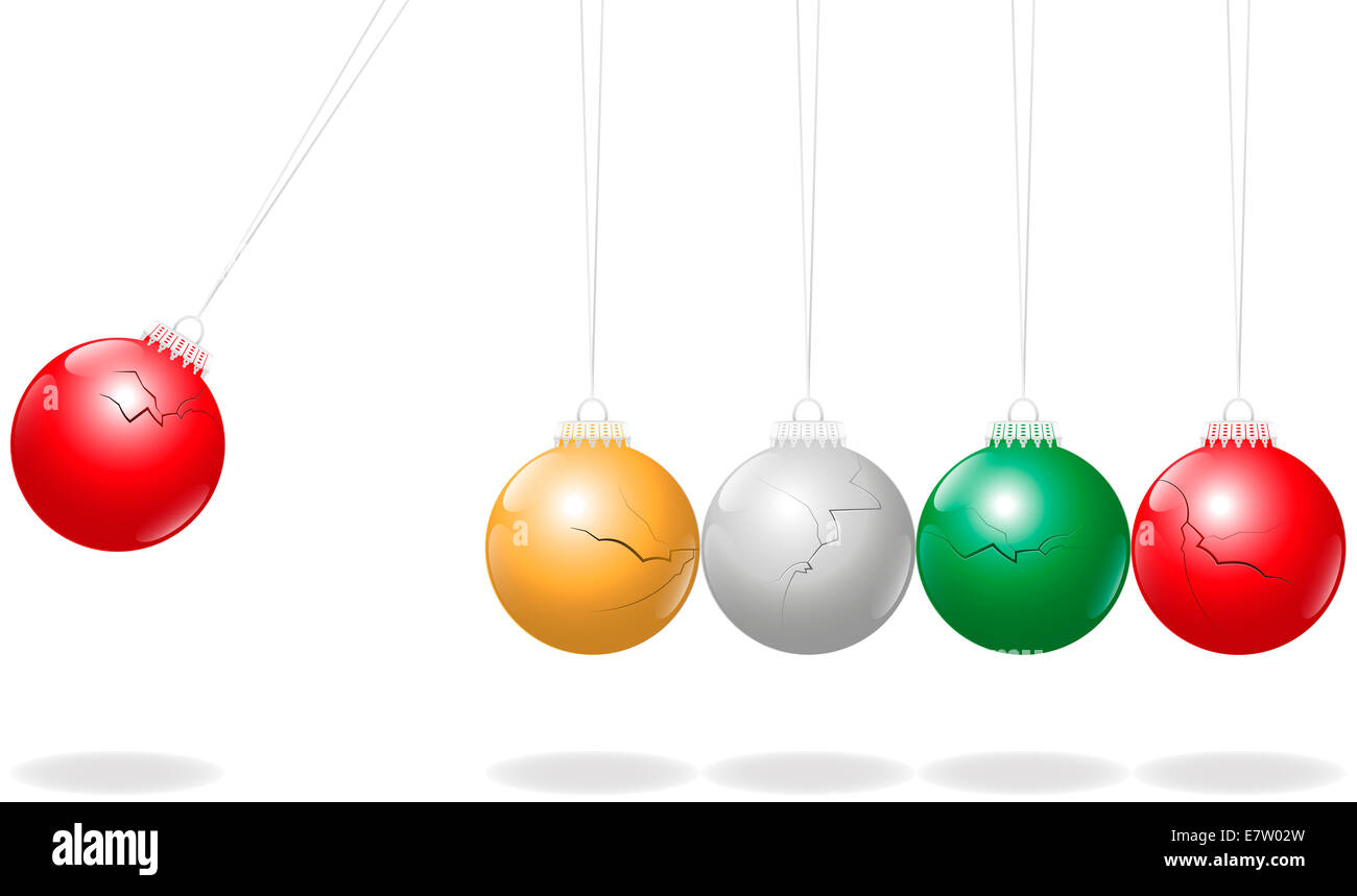 Newton-Wiege mit fragilen Weihnachtskugeln als Pendel anstelle von Metallkugeln. Stockfoto