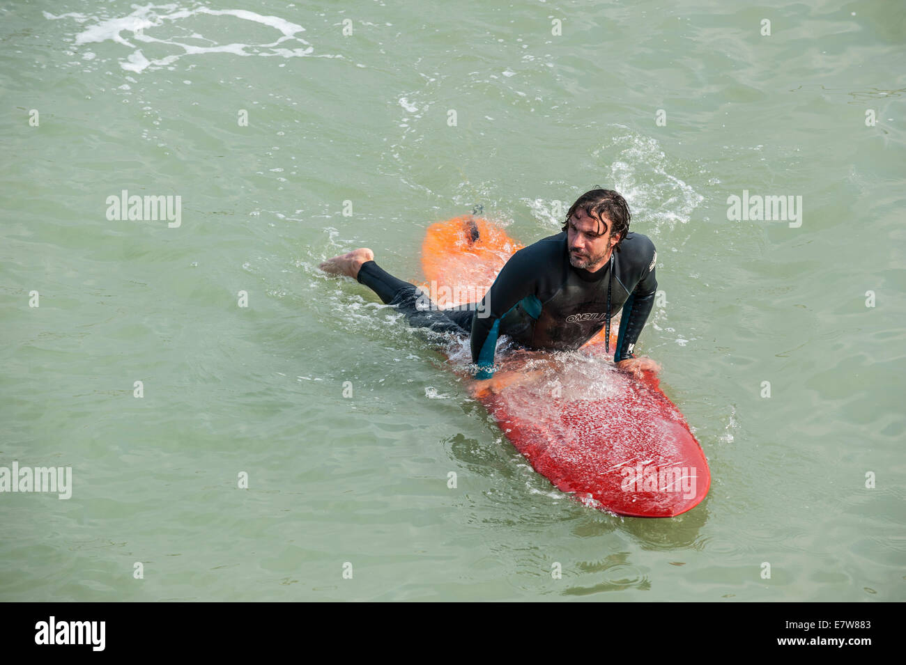 Surfer im Neoprenanzug liegend auf seinem Surfbrett im Meer, auf der Suche nach einer großen Welle / Breaker auf Surfen Stockfoto