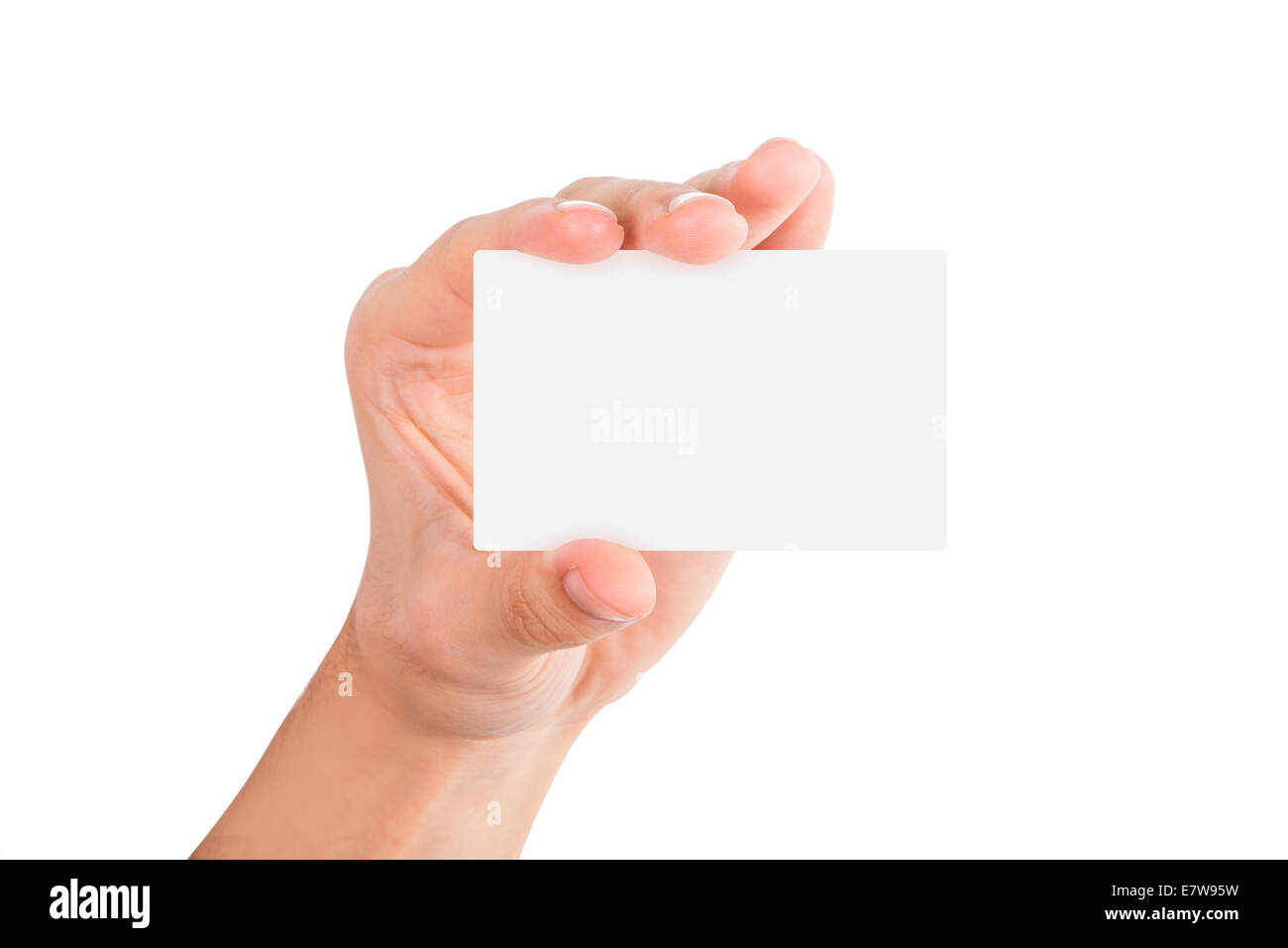 Hand, die leere, weiße Visitenkarte, isoliert auf weißem Hintergrund. Stockfoto
