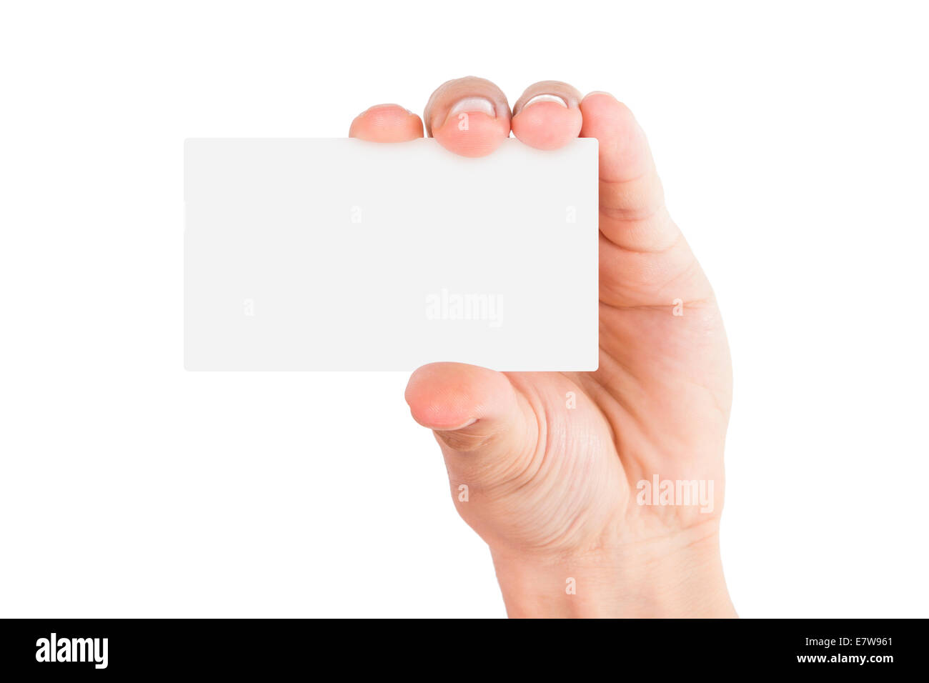 Hand, die leere, weiße Visitenkarte, isoliert auf weißem Hintergrund. Stockfoto