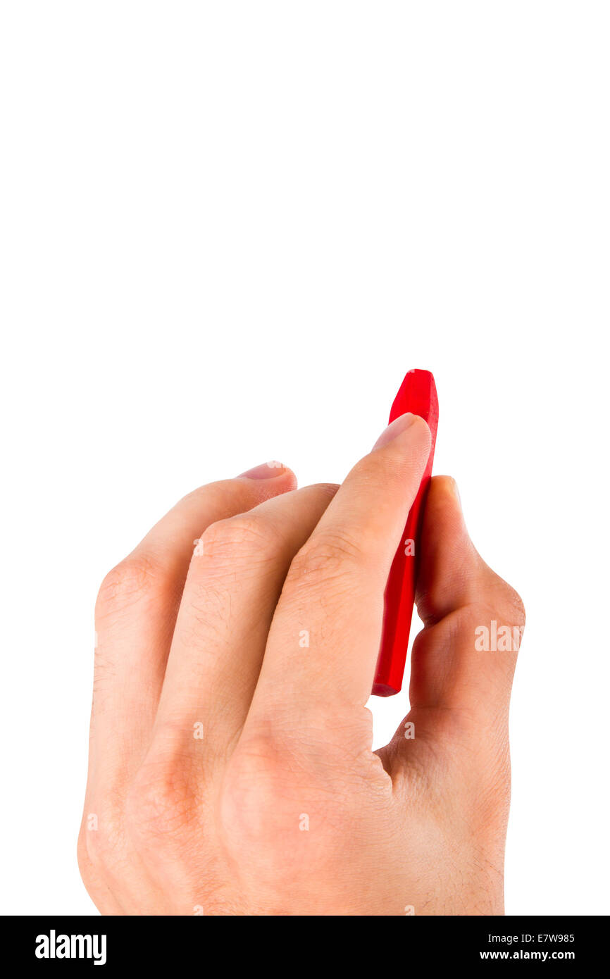 Hand mit Rötel Pastell für Zeichnung, isoliert auf weißem Hintergrund. Stockfoto