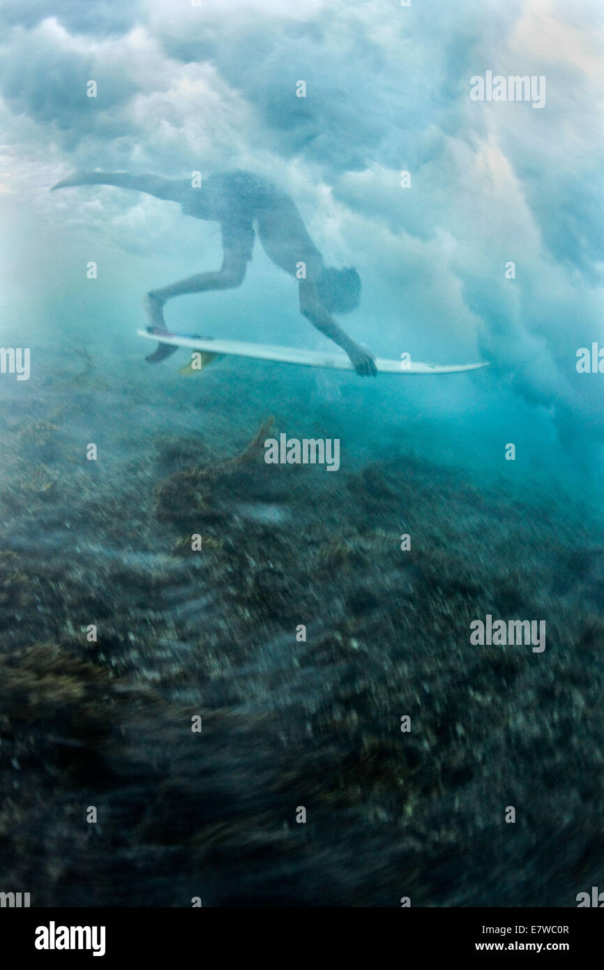 Siargao. 24. September 2014. Eine Surfer Tauchgänge unter einer Welle im Cloud 9, Siargao einen Tag vor der Siargao Cloud 9 Surf Cup am 24. September 2014. Das diesjährige Siargao Cloud 9 Surf Cup, geplant, um auf den Philippinen laufen vom 24.-28. September werden der Tasse zuerst zu der Association of Surfing Professionals (ASP) anbieten. Bildnachweis: Mark Fredesjed R. Cristino/Pacific Press/Alamy Live-Nachrichten Stockfoto