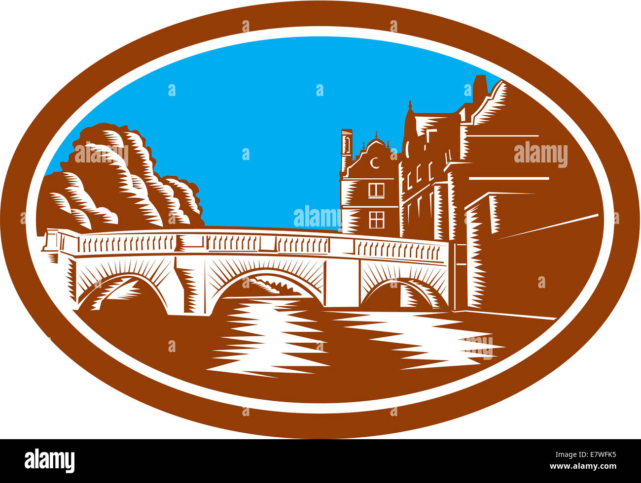 Abbildung der Brücke Trinity College in Cambridge, England überspannt den Fluss Cam betrachtet aus der Ferne stellen innen Oval in Retro-Holzschnitt Stil getan. Stockfoto