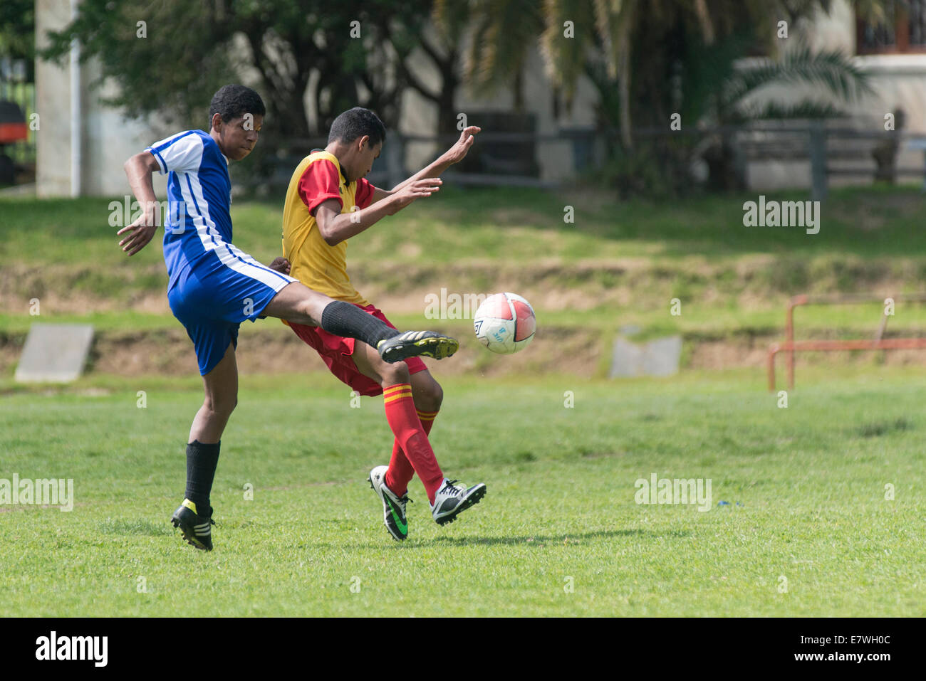Fußball-Stürmer den Ball hart, Verteidiger versuchen, zu verteidigen, Cape Town, Südafrika Stockfoto