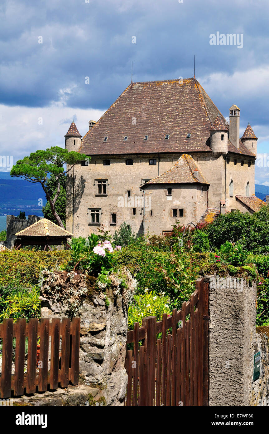 Yvoire Schloss am Genfer See oder Lac Leman, Yvoire, Rhône-Alpes, Haute-Savoie, Frankreich Stockfoto