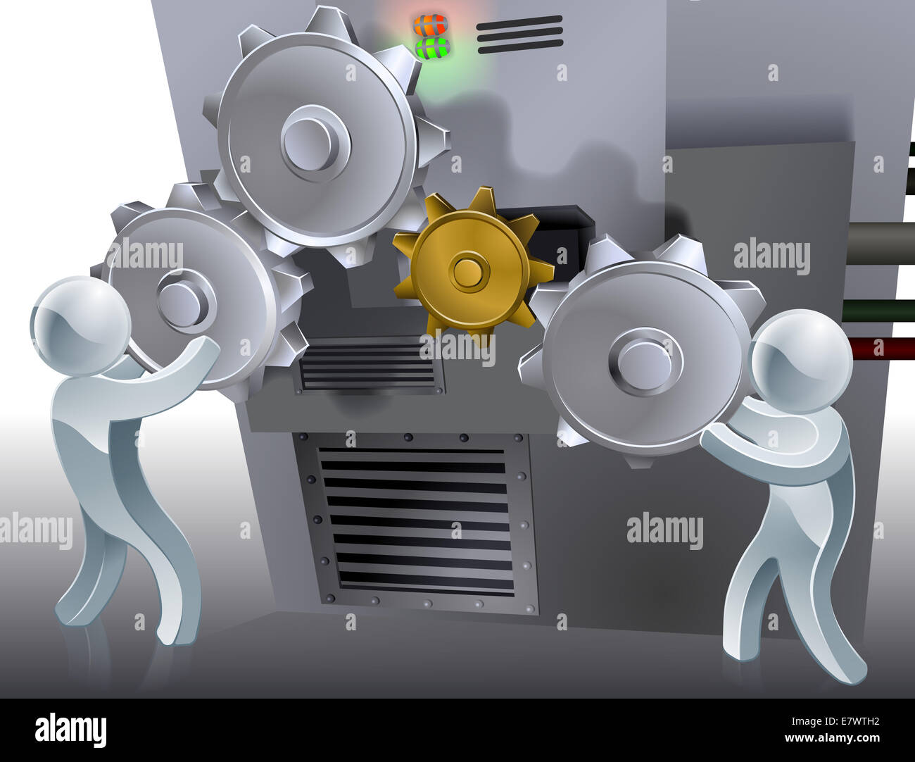 Zahnräder konzeptionelle Darstellung der zwei 3D-Figuren arbeiten eine Maschine mit Rädchen oder Zahnräder. Stockfoto