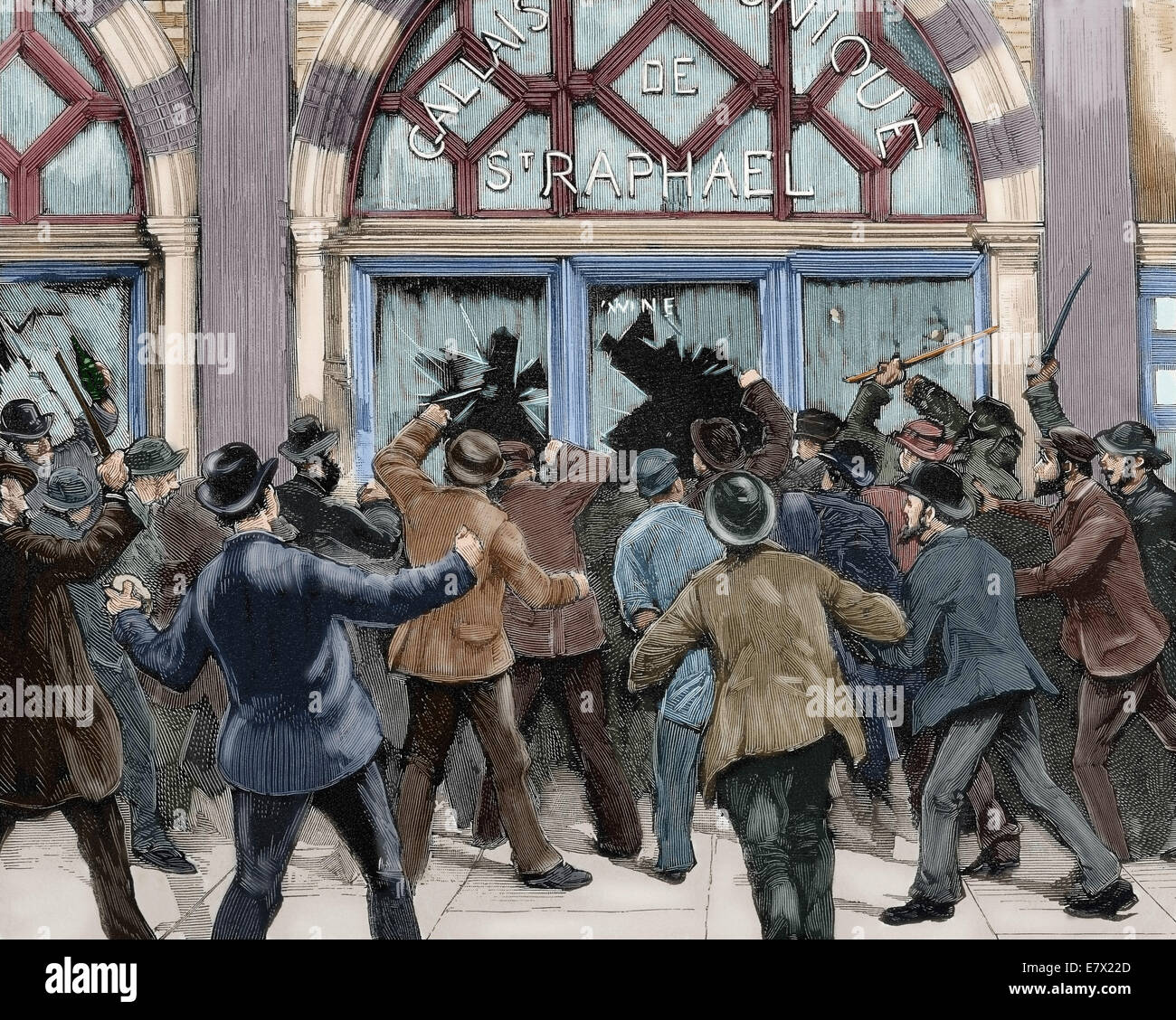 London. Sozialistische Agitation. Demonstranten aufgefordert, Diebstahl und Plünderungen in Geschäften Picadilly. Farbige Gravur. Stockfoto