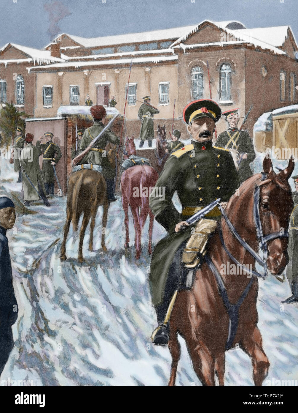 Russo-japanischer Krieg (1904-1905). Russischen Hauptquartier in Port Arthur. Gravur. Farbige. Stockfoto