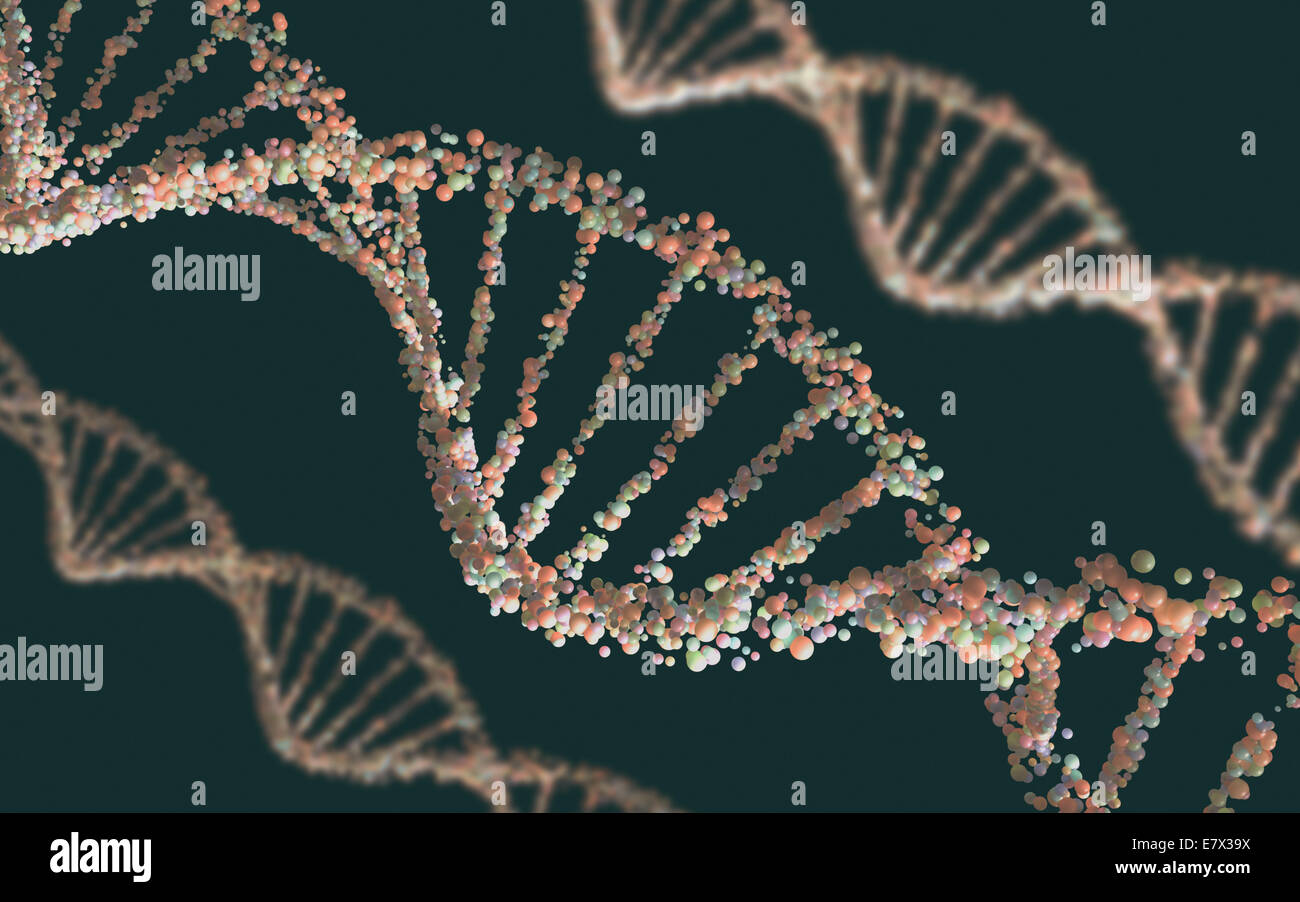 Doppelhelix-Struktur der DNA in der Tiefe der Ansicht. Stockfoto