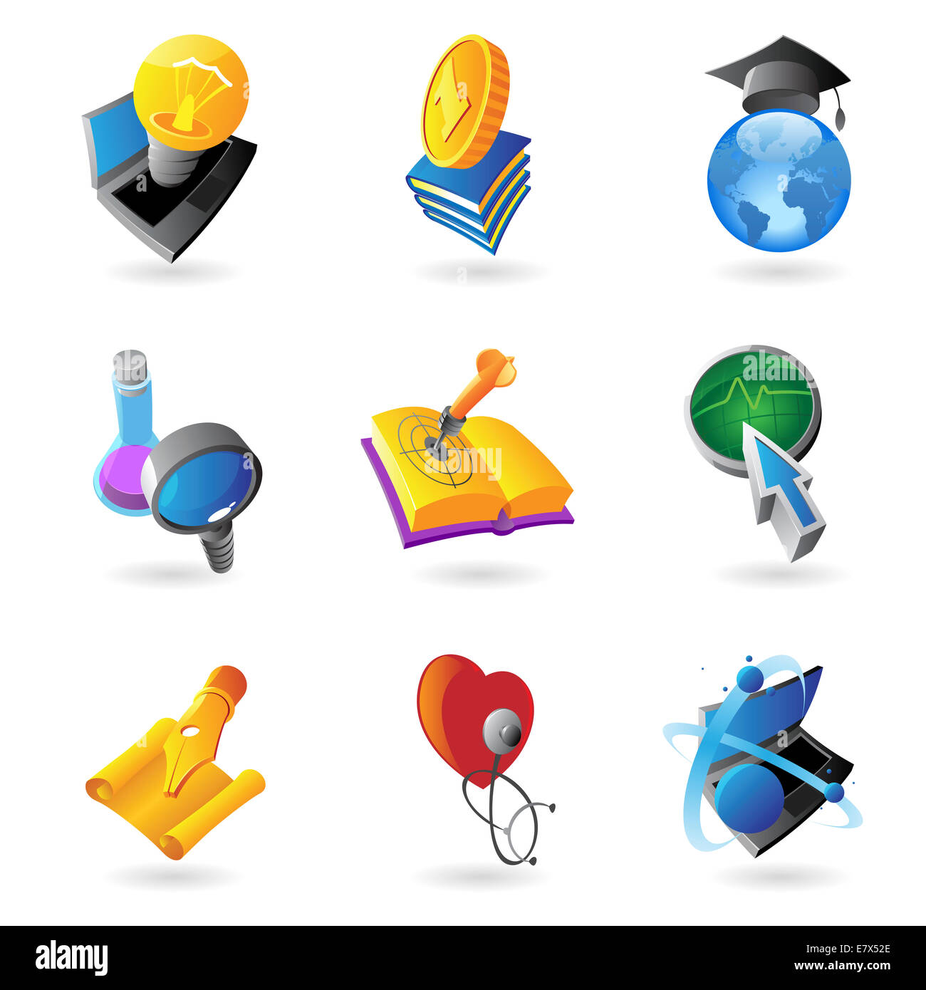 Symbole für Bildung, Wissenschaft und Medizin. Stockfoto