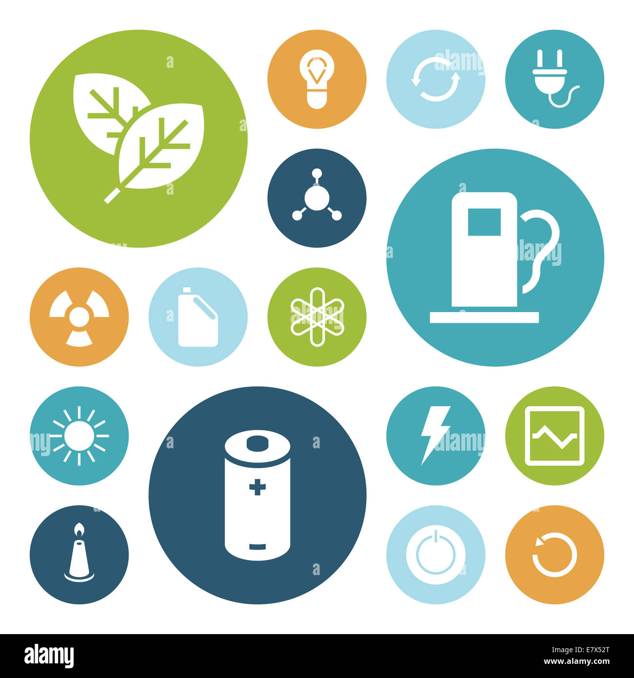 Flache Design-Ikonen für Energie und Ökologie. Stockfoto