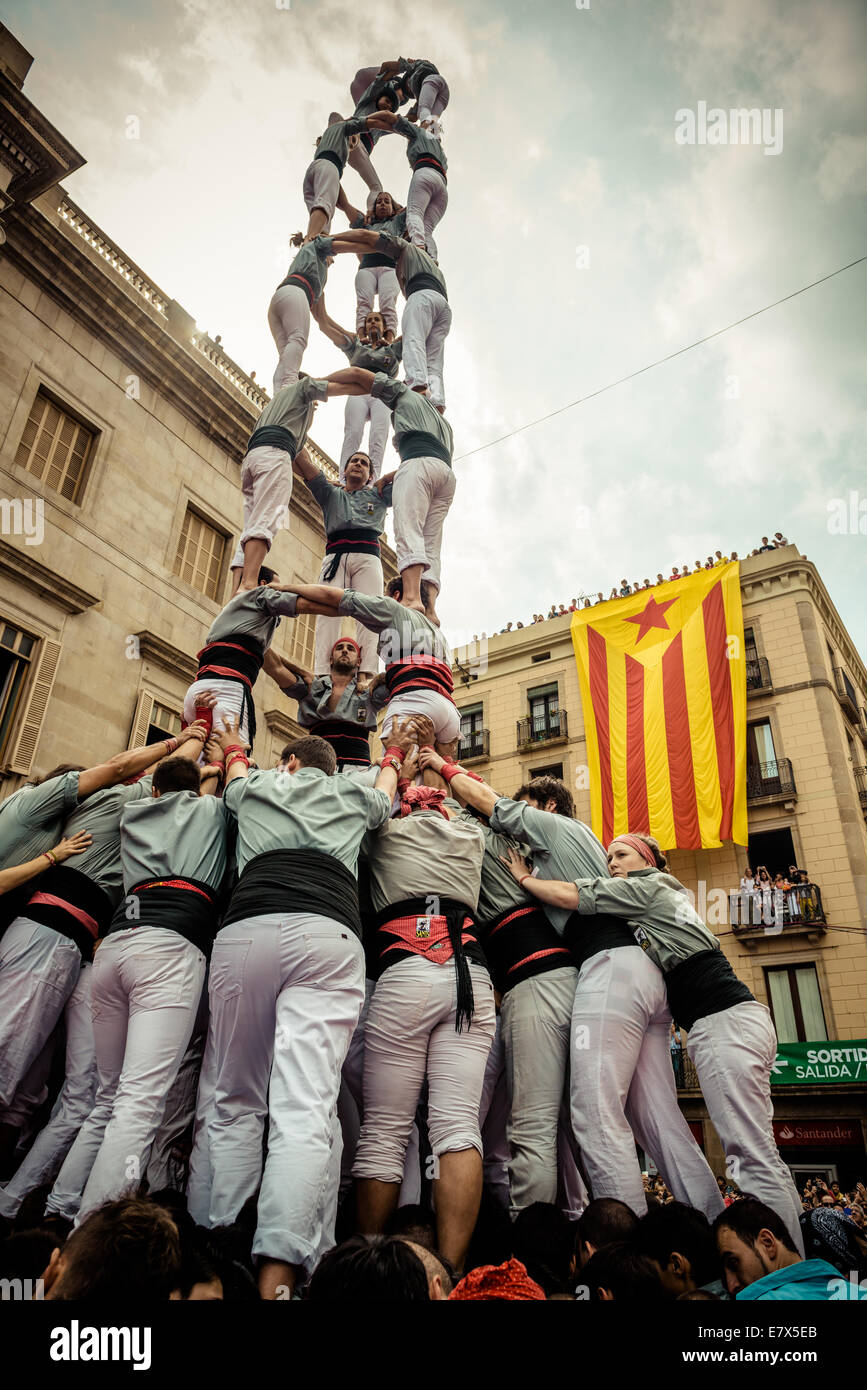 Barcelona, Spanien. 24. Sep, 2014. Die "Castellers de Sants" Baue einen menschlichen Turm während des Stadtfestes "La Merce 2014" vor dem Rathaus von Barcelona Credit: Matthi/Alamy Live-Nachrichten Stockfoto