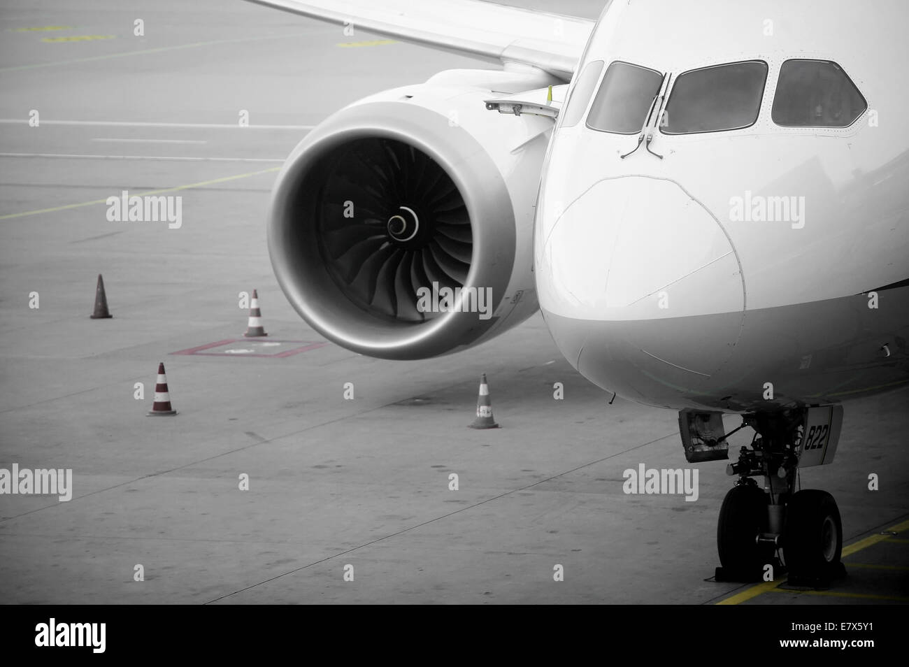 Detail mit der Vorderseite des Flugzeugs auf dem Flughafen geparkt Stockfoto