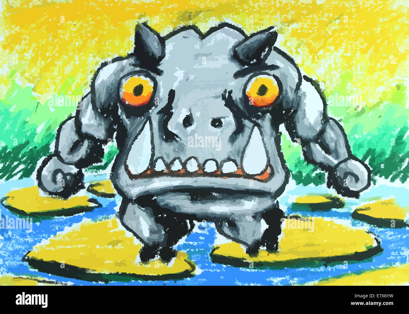 wütend Nilpferd gehen auf Stein im Wasser-Malerei-Hintergrund Stockfoto