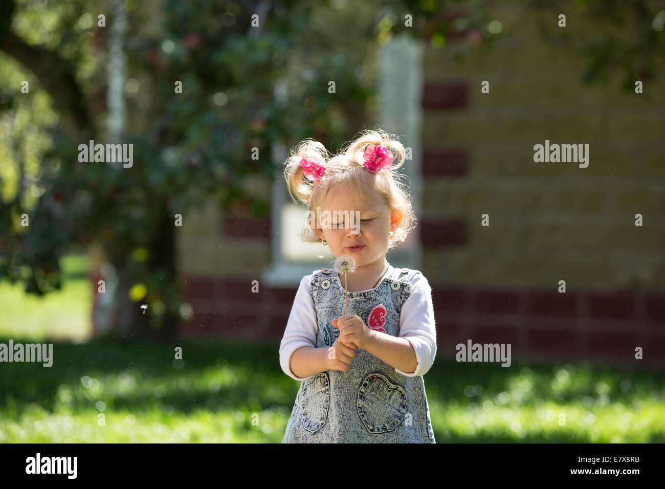 Entzückende kleine Kind Mädchen mit Blume. Sommer grün Natur.  Verwenden Sie es für Baby, Elternschaft oder Liebe Konzept Stockfoto