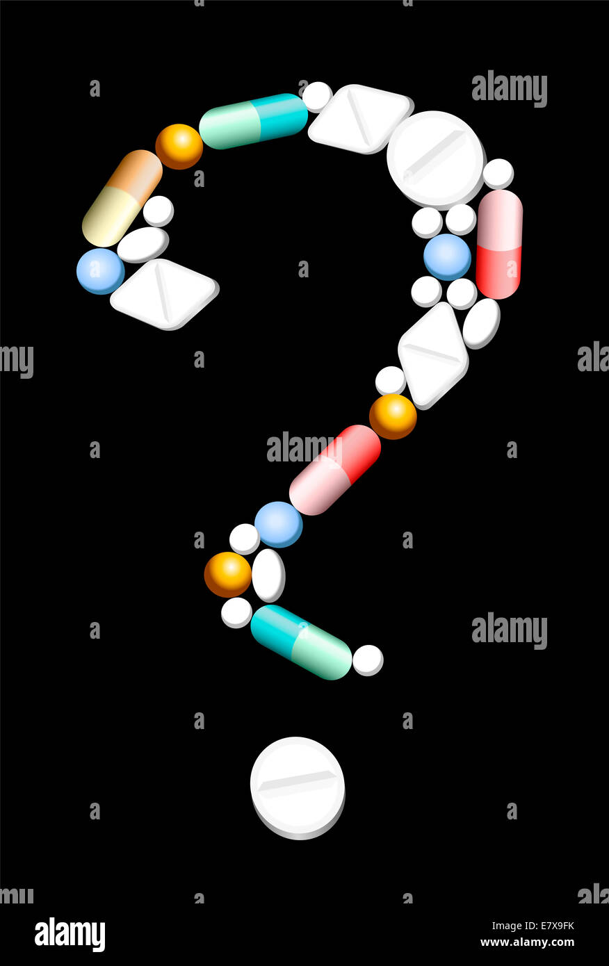Pillen, Kapseln und Tabletten, die ein Fragezeichen als Symbol der Unsicherheit bezüglich der medizinische und pharmazeutischen Fragen bilden. Stockfoto