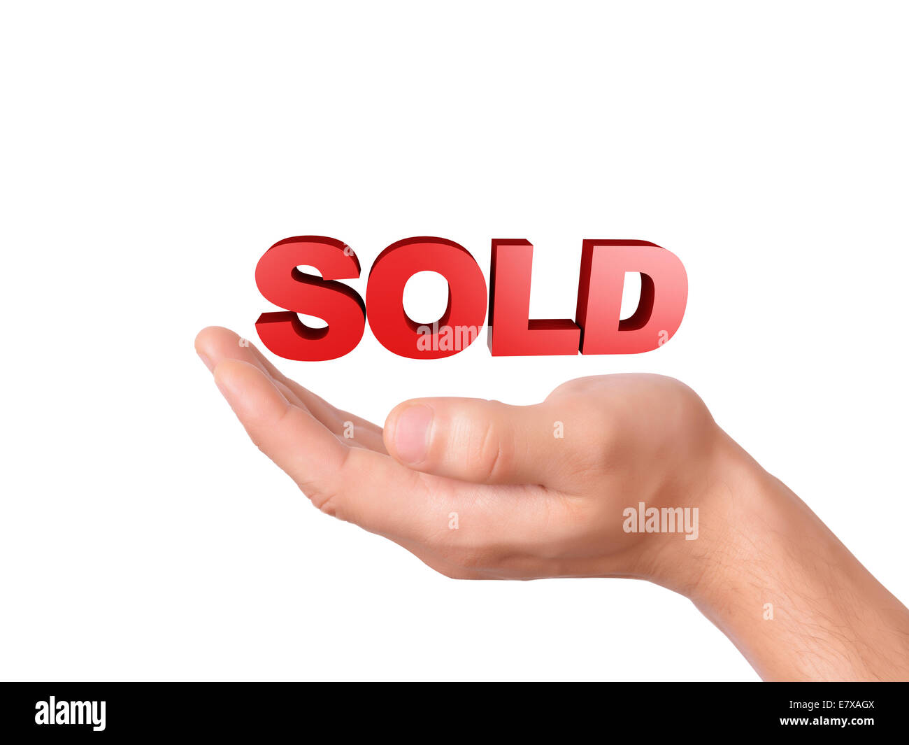 Bild von Hand mit roten verkaufte Haus isoliert auf weißem Hintergrund Stockfoto